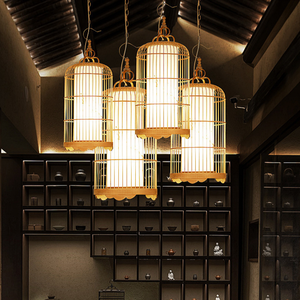 Lampadario a Gabbia di Uccelli Lungo con LED Bianco Caldo, Stile Classico Cinese Zen in Bambù, Altezza Regolabile per Sala da Pranzo, Casa e Hotel - Product Image 4