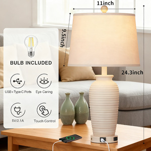 Farmhouse Ceramic Table Lamp Touch Control E26 LED White Shade With Us Port Bedroom Living Room Desk <b>Light</b> - Product Image 2