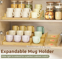 Étagère porte-tasses extensible à 3 niveaux en bambou pour armoire, placard, cuisine, maison, gain de place, organisateur de bar à café