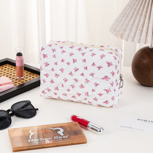 Borsa per il trucco da donna con motivo a fiocco floreale e gonfio wahuu con cerniera in stile caramella con cerniera custodia cosmetica con Logo rosa Make up Bag personalizzata - Product Image 4
