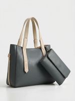 Set Tas Tote Wanita 2-in-1 Kulit PU Gelap dengan Tali Kontras Beige dan Kantong Resleting Senada Motif Lichee