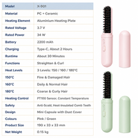 Sisir Pelurus Rambut 3 Tingkat Panas 150 hingga 180 ° Sensor Keramik Anti Panas PT100 2200mAh Tipe C untuk Perjalanan Rumah Grosir