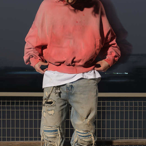 Sudadera con Capucha de Algodón Puro de Alta Calidad, Color Rojo Anaranjado Deslavado, Estilo Retro Europeo Americano, para Uso Diario, Lavado Ácido, Corta - Product Image 5