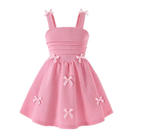 Robe d'été décontractée pour filles, style princesse, à bretelles spaghetti, avec corsage froncé, coupe trapèze et nœud décoratif fait main