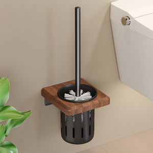 Support mural pour brosse de toilette en bois de noyer avec long manche, brosse de nettoyage durable, design carré minimaliste - Product Image 1