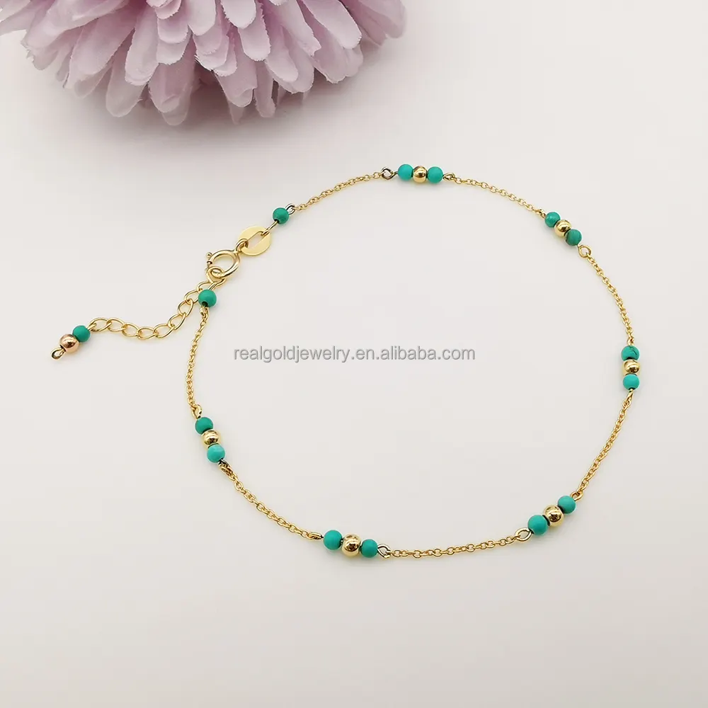 18k véritable or naturel Turquoise pierre Bracelet minuscule perle pour dames 18K en or massif cadeau de pâques bijoux en or véritable