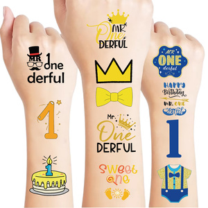 Nouveaux autocollants de tatouage temporaire imperméables et écologiques pour bébés, motifs colorés pour le 1er anniversaire, 8 feuilles, pour fêtes et art corporel - Product Image 1