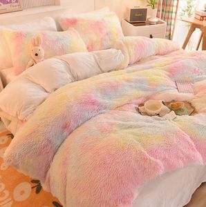 Cầu Vồng Màu Flannel Lông Cừu Nhung Fluffy Sang Trọng Mềm Mại Bộ Đồ Giường Tóc Dài Ấm Mùa Đông Tấm Bộ 4Pcs Siêu Mềm Duvet Cover Set - Product Image 4