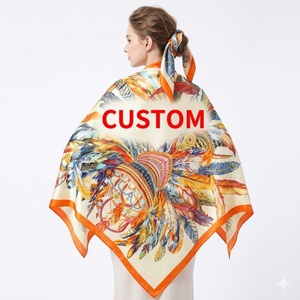 Écharpe en soie personnalisée à imprimé plumes indiennes orange, carrée de 90 cm, en satin, pour femme, à porter comme bandeau ou foulard - Product Image 1