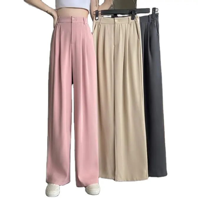 Pantalones de traje holgados versión coreana para mujer, pantalón de cintura alta, piernas anchas, ajustados, rectos, informales, de verano