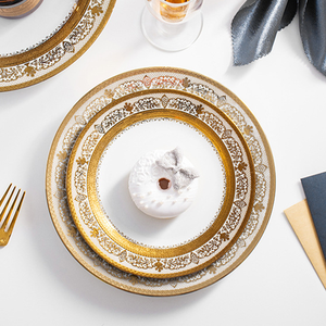 Piatto Rotondo in Ceramica Bianca di Lusso con Bordo Dorato, <span class=keywords><strong>Piatti</strong></span> in <span class=keywords><strong>Porcellana</strong></span> per Cucina Occidentale, Insalata, Dessert, Matrimoni e Banchetti - Product Image 3
