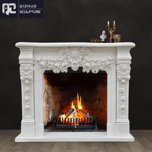 Customized Handmade Antique Design Stone Cast Flowers White Marble Fireplace Coat and Surrounding