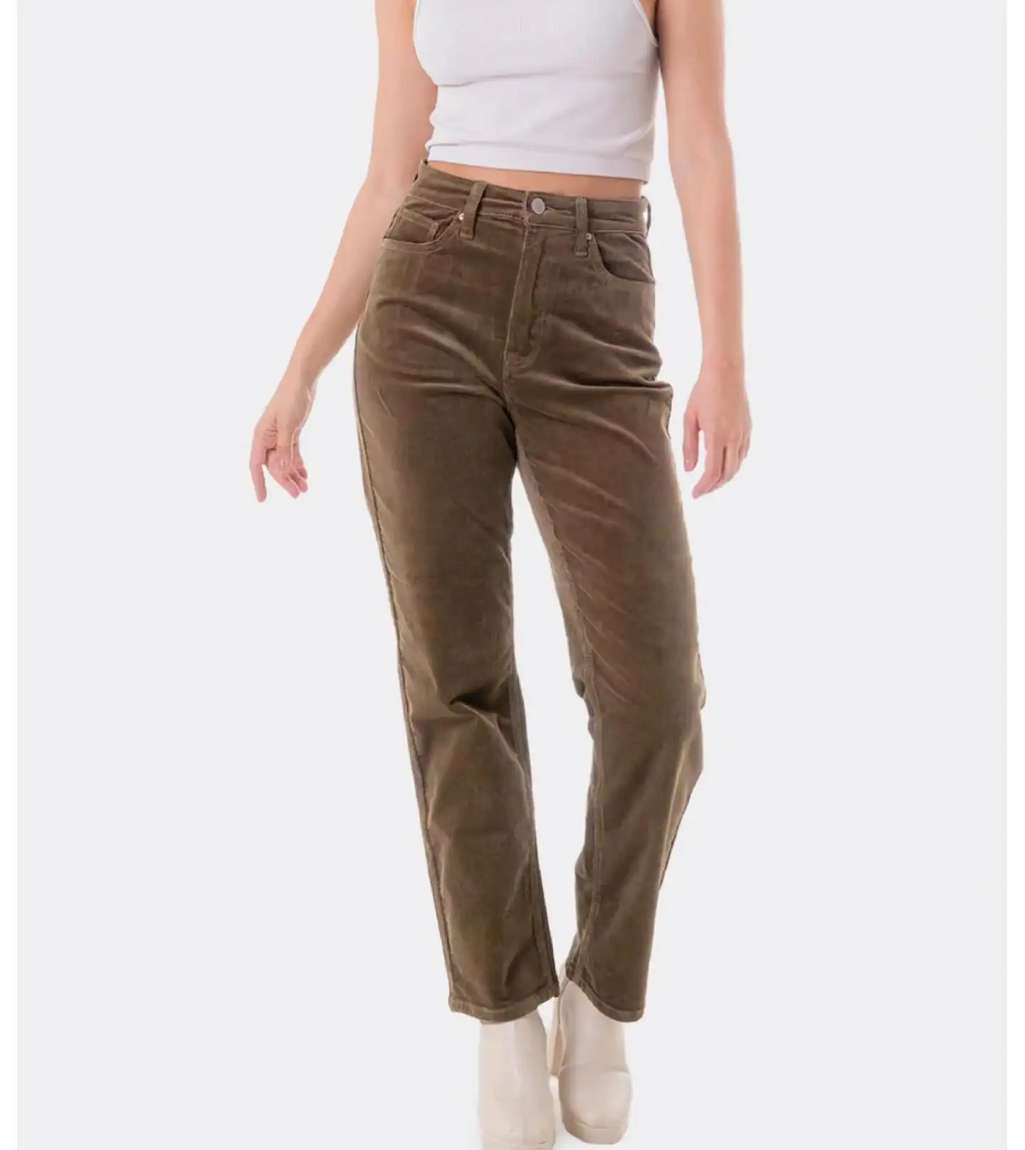 2024 nuovi pantaloni Casual da donna USA e messico con cerniera due tasche a vita alta pantaloni da donna in velluto a coste marrone a vita intera