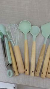 Raybin Wholesale 12 Pcs Kitchen Cooking Utensil Set Holder Baking Gadget Nonstick Silicone Spatula <b>Kitchenware</b> With Wood Handle - Product Image 2