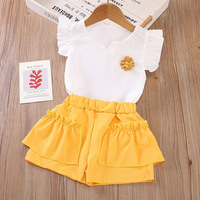 Ensembles de vêtements pour filles 2 pièces : hauts à manches volantées + shorts, tenue d'été avec nœuds pour 1-6 ans, en polyester/coton doux, décontracté