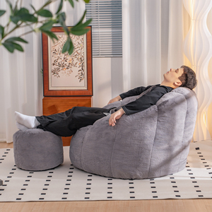 Modern Round Tufted <b>Bean</b> <b>Bag</b> Sofa Chair with Matching Ottoman in Gray Microfiber Fabric Extra Soft One Seat Design - Product Image 4
