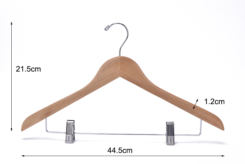 Factory custom natural wood coat hanger, wooden clothes top hanger with clips