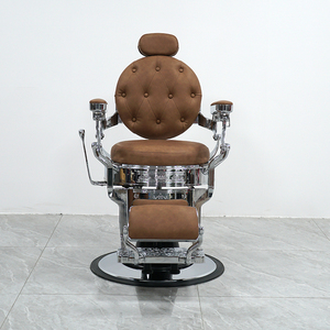 Fauteuil <span class=keywords><strong>de</strong></span> Barbier Vintage Marron en Gros avec Cadre Chromé, Revêtement en Cuir PU Capitonnage Diamant, Chaise <span class=keywords><strong>de</strong></span> Salon Inclinable et Base Ornée <span class=keywords><strong>de</strong></span> Volutes - Product Image 3