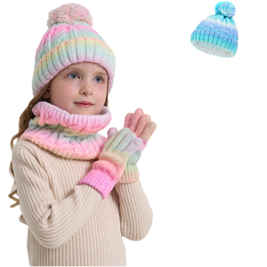 Children Winter Scarf & Beanie Hat Set Embroidered Long Thickened Warm Knitted <b>Cap</b> Pom Pom Cute Ball 3-Piece Gloves Set - Product Image 1