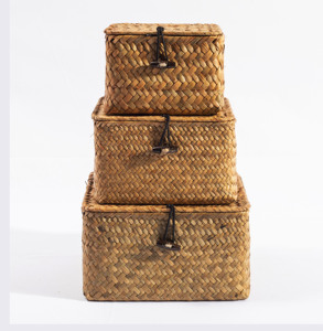 Customized Three piece/set Square Handmade Natural Rattan Seagrass Wicker Storage Box Baskets with Lid
