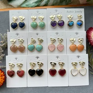 Wholesale Natural Crystal Faceted Heart Gemstone Jewelry Pendants Gold Bezel Stud Bees Real Agate Amethyst Turquoise Earrings