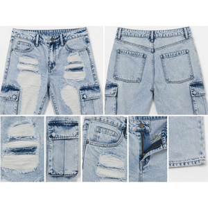 Jean droit taille mi-haute style punk vintage cool avec plusieurs poches cargo et décorations déchirées pour un look streetwear décontracté - Product Image 5