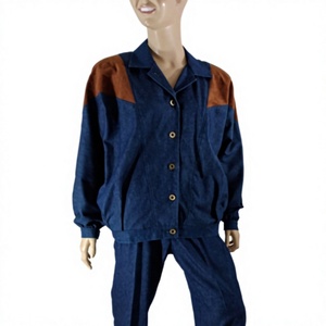 Combinaison en jean stretch taille haute mi-mollet pour femme, style vintage, couleur unie, écologique, avec dentelle, manches longues, été - Product Image 2