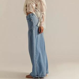 Pantalon Palazzo en Jean Vintage 2025 Tendance avec Poches Décoratives et Patchwork, Coupe Décontractée et Revers, pour Femme - Product Image 3