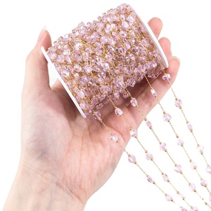 Chaîne à maillons en perles de cristal facettées, styles cœur et fleur, plaqué or 18 carats PVD, acier inoxydable, unisexe |   Par mètre pour la fabrication de bijoux - Product Image 1