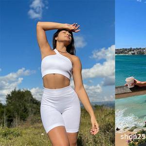 Conjunto de Yoga de Tres Piezas para Mujer, de un Solo Hombro, Sin Espalda, Acanalado, Sin Costuras, Sólido, Transpirable, de Secado Rápido, de Cintura Alta, 100% Poliéster, para Fitness - Product Image 4