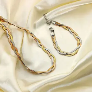 Elegant Choker Stainless Steel Jewellery Women Braided Three Tone Triple Braided Flat Herringbone Chain Custom Choker Necklace