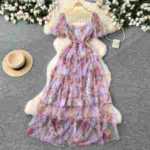 ชุดเดรสสปริงแฟรี่คอร์แบบทอผ้าดิจิทัลรักษ์โลกทรงสลิมสำหรับผู้หญิง แต่งระบายยาวปานกลาง เอวทรงเอ็มไพร์ ผ้าตาข่าย สีม่วง - Product Image 3