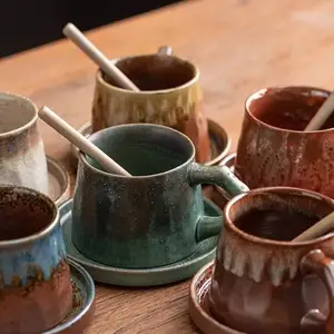 Handmade Vintage Retro Reusable Japan Reactive Glaze Stoneware Cappuccino Saucer Set Pottery Ceramic Mug Tea Cups