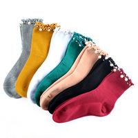 Chaussettes en coton tricoté transparentes, respirantes, antibactériennes, colorées, unies, à volants, pour femmes, avec perle, vente en gros