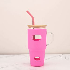 Household Cold Brew Glass Vessel 32oz Anti Collision Silicone Protector Ergonomic Handle Natural Bamboo <b>Straw</b> Cover - Product Image 2