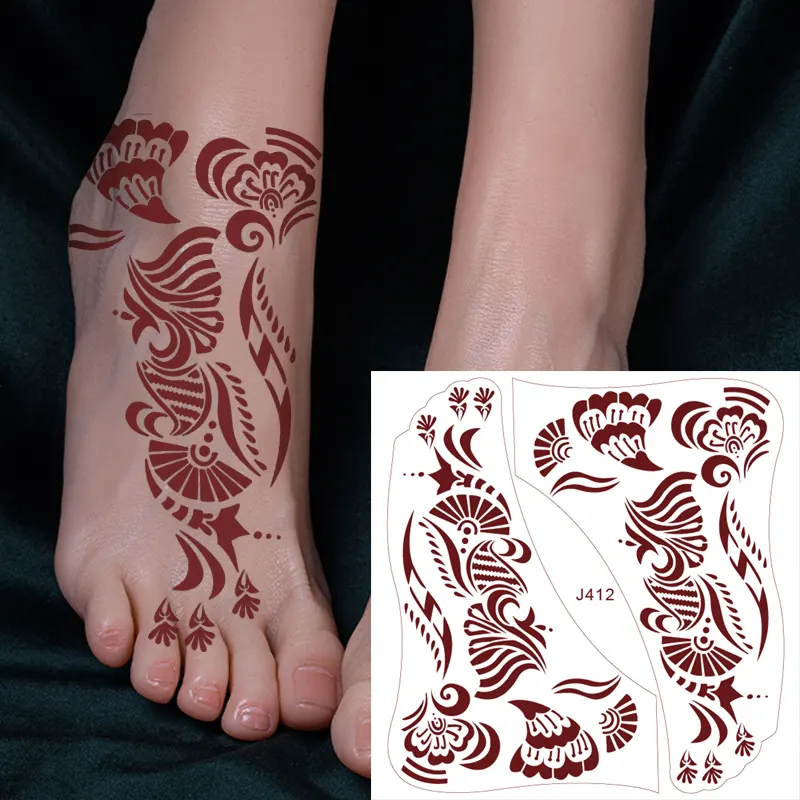 Sekali pakai lukisan tubuh Semi permanen, stiker renda Henna tahan air 3D Putih, tato sementara