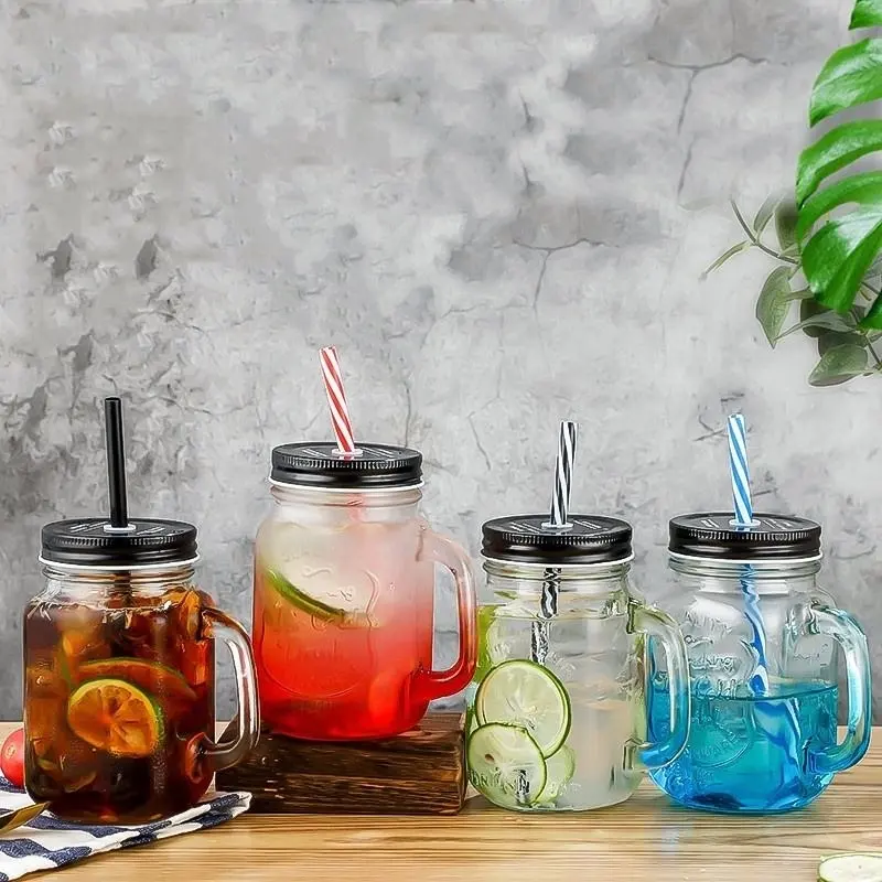 450ml 30 oz Beverage juice Bottle with handle Wide Mouth Square Mug Glass Mason Storage Jar with Lid stainless glass steel Straw