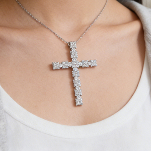 CUSTOM SILVER 10K/14K/18K GOLD PLATED LAB GROWN CVD DIAMOND CLASSIC ENGAGEMENT GIFT SWEATER <b>CHAIN</b> NECKLACE <b>CROSS</b> PENDANT VS - Product Image 4