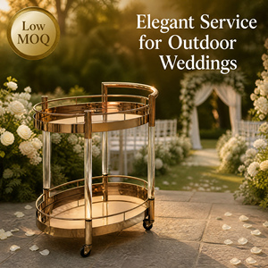 Chariot de service de boissons de <span class=keywords><strong>mariage</strong></span> ovale à 2 niveaux en or de luxe moderne avec pieds en acrylique transparent, chariots de bar à nourriture portables pour banquets - Product Image 1