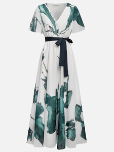 Abito Lungo Elegante da Donna con Stampa a Inchiostro OEM/ODM, Cintura in Vita, Maniche Corte e Scollo a V - Sehe Fashion - Product Image 4