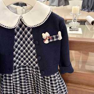 Tongxingyuan Girls Autumn Knitted <b>Cardigan</b> Plaid Dress Set Peter Pan Collar Two Piece Outfit Childrens Clothing - Product Image 3