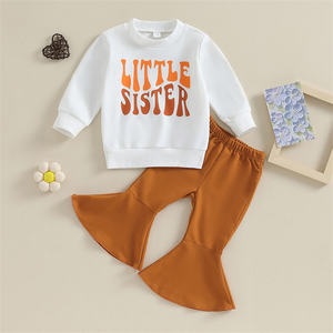 Conjunto de <span class=keywords><strong>dos</strong></span> piezas de algodón con etiqueta personalizada SISTER para primavera y otoño, ropa infantil para bebés, pantalones acampanados, conjunto de <span class=keywords><strong>dos</strong></span> piezas para niñas pequeñas, 1 Uds. - Product Image 3