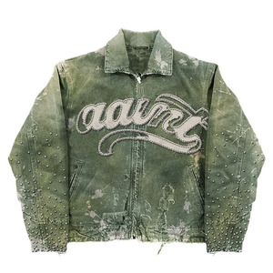 Giacca da Uomo OEM Personalizzata Streetwear Pesante Oversize Boxy con Zip, Effetto Invecchiato Acid Wash, Toppe di Strass e Ricami - Product Image 1