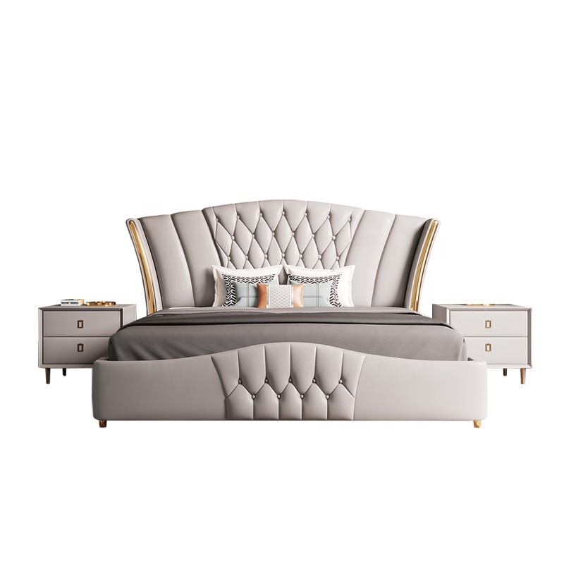 Новый дизайн, деревянная мебель для спальни, современная простая Роскошная современная кровать из микрофибры и кожи