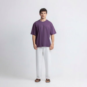 T-shirt en coton violet surdimensionné pour homme, manches courtes, col rond, décontracté, jersey uni, respirant, couleur unie, coupe ajustée - Product Image 1