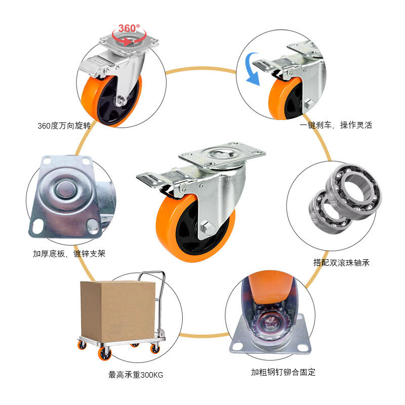 Ready Ship 4 Inch Orange PVC Swivel Castors Wheel CE Approved Plate Caster Wheels Steel PU Ball OEM Customizable Industry