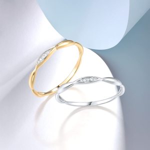 10K Solid Yellow Gold Micro Pave Zircon Stackable <b>Ring</b> Smooth Double Curved Bulge <b>Thin</b> Dainty Promise Band for Women - Product Image 4