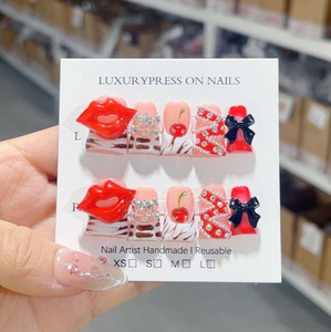 Ms.miemie 10ชิ้นเล็บแบบกดทำมือคุณภาพสูงแบบแฮนด์เมดแผ่นปะรูปหมีสีแดงเข้มสำหรับการใช้นิ้วแบบขายส่ง - Product Image 3