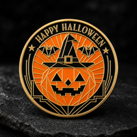 Pièce de défi d'Halloween personnalisée pour cadeau d'automne ou fête, avec relief 3D Citrouille Sorcière Chauve-souris, en émail Or Noir Orange, OEM