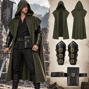 Conjunto de Disfraz Medieval de Asesino para Hombre de Halloween: Capa con Capucha Estilo Renacentista <span class=keywords><strong>y</strong></span> Accesorios de Traje de Vaquero Vintage - Product Image 1